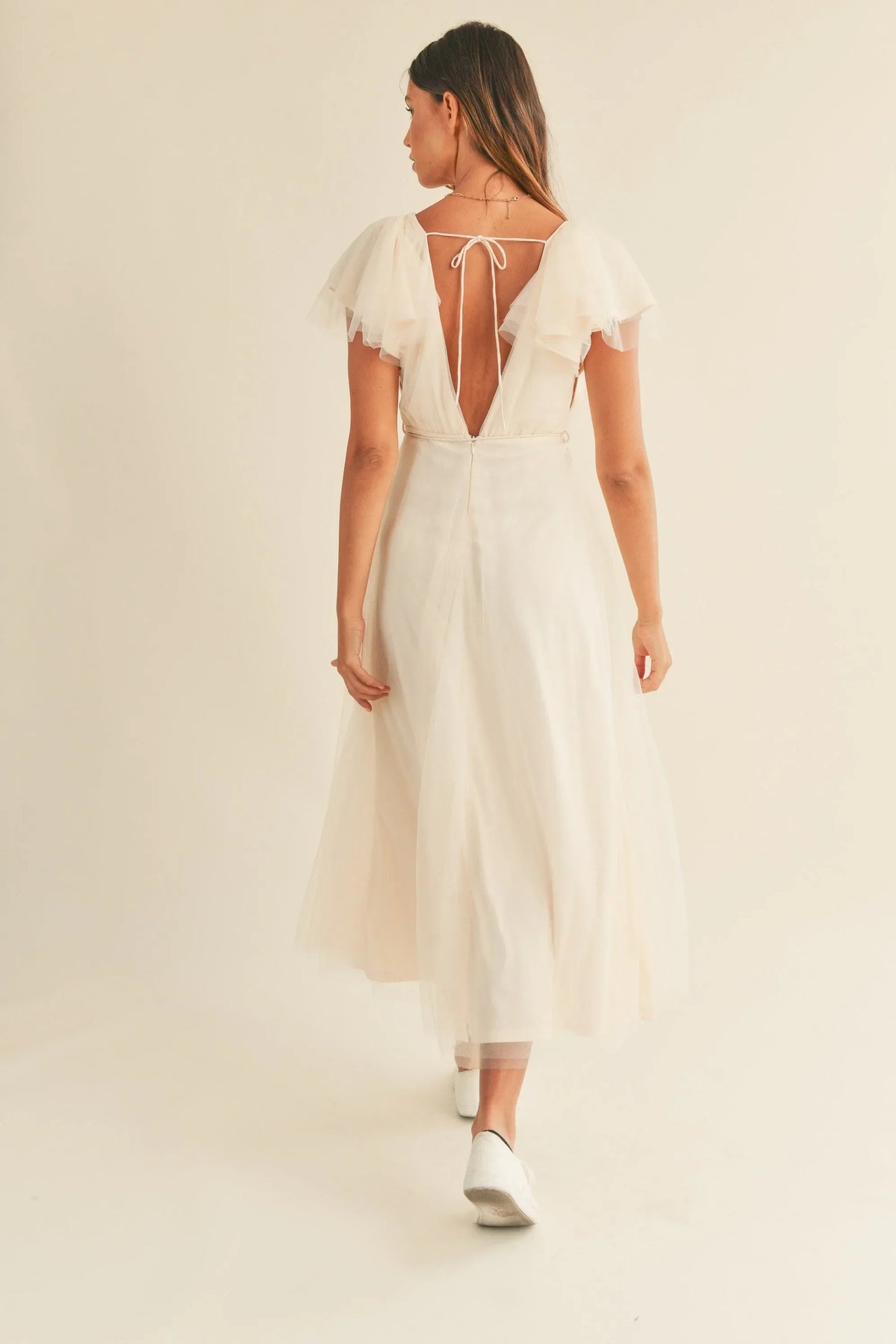 Tulle V neck Ruffle Sleeve Midi Dress