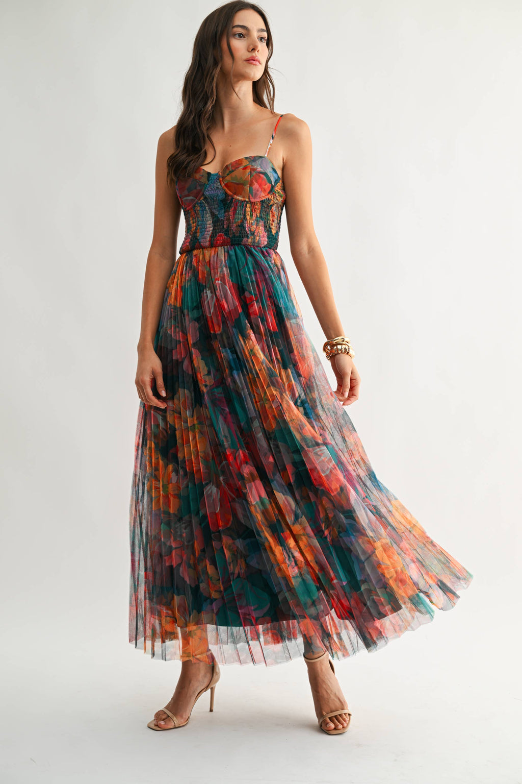 MIDNIGHT BLOOM PLEATED MAXI DRESS *FS