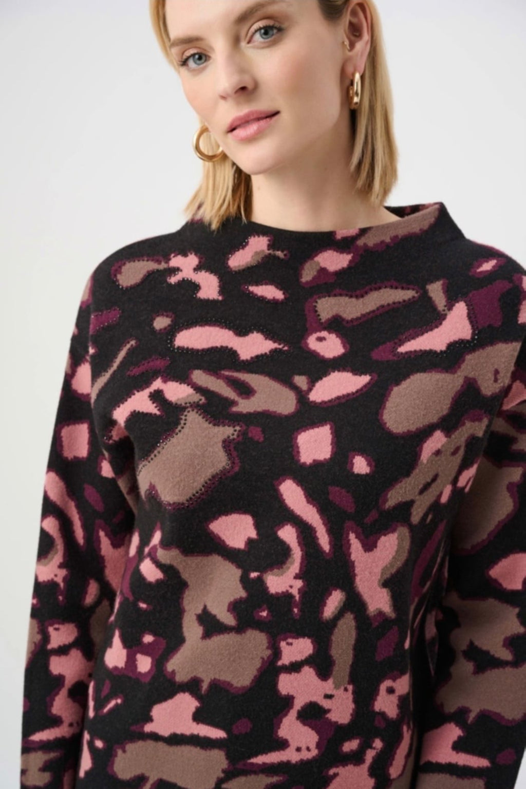 Abstract Jacquard Sweater with Rhinestone Detail