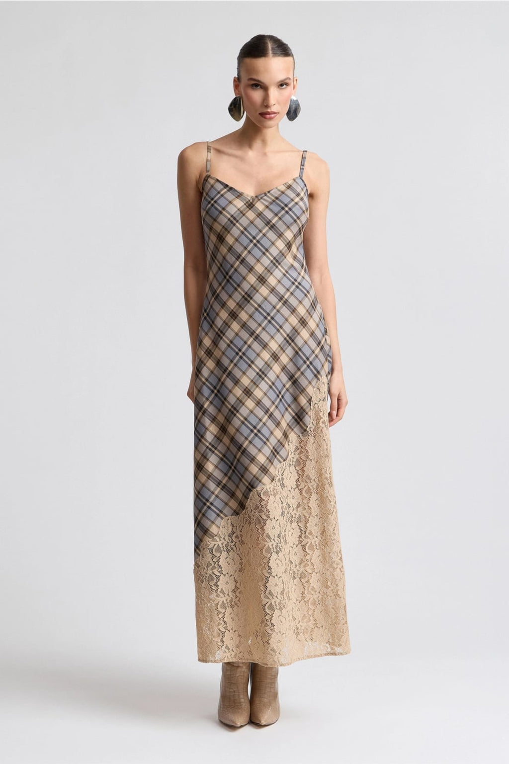 Avec Les Filles Lace Insert Plaid Maxi Dress
