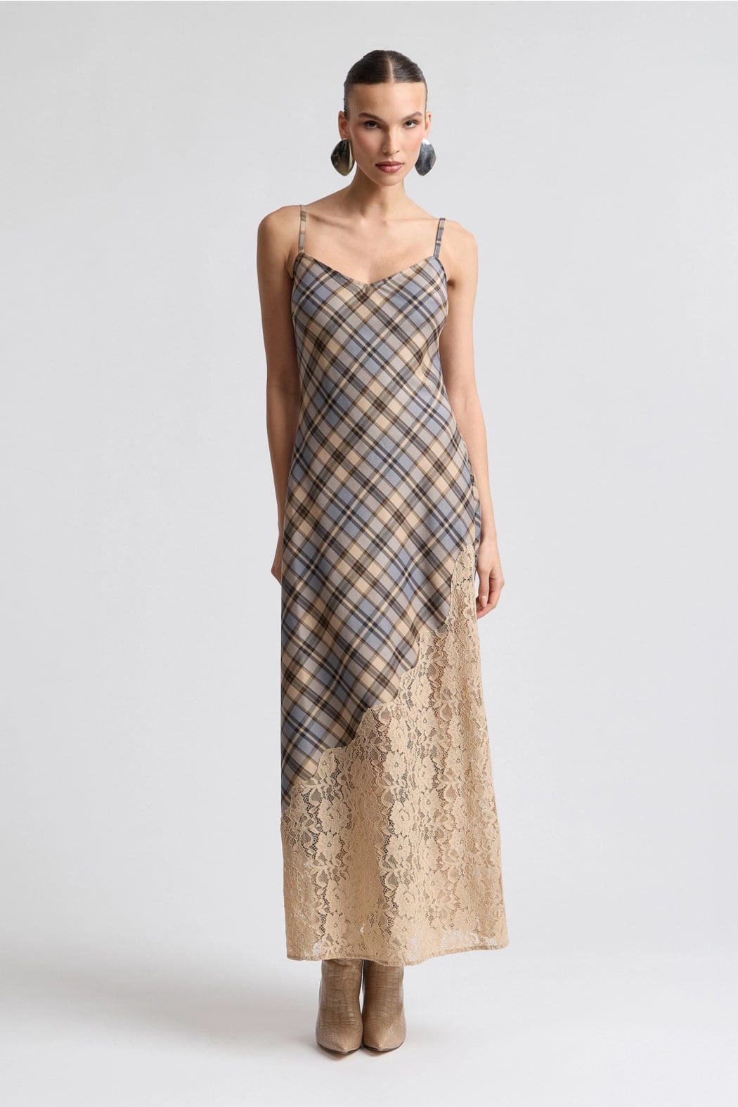 Avec Les Filles Lace Insert Plaid Maxi Dress