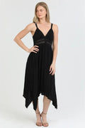 Black V Neck Double Straps Hanky Hem Lace Insert Midi Dress