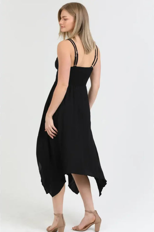 Black V Neck Double Straps Hanky Hem Lace Insert Midi Dress