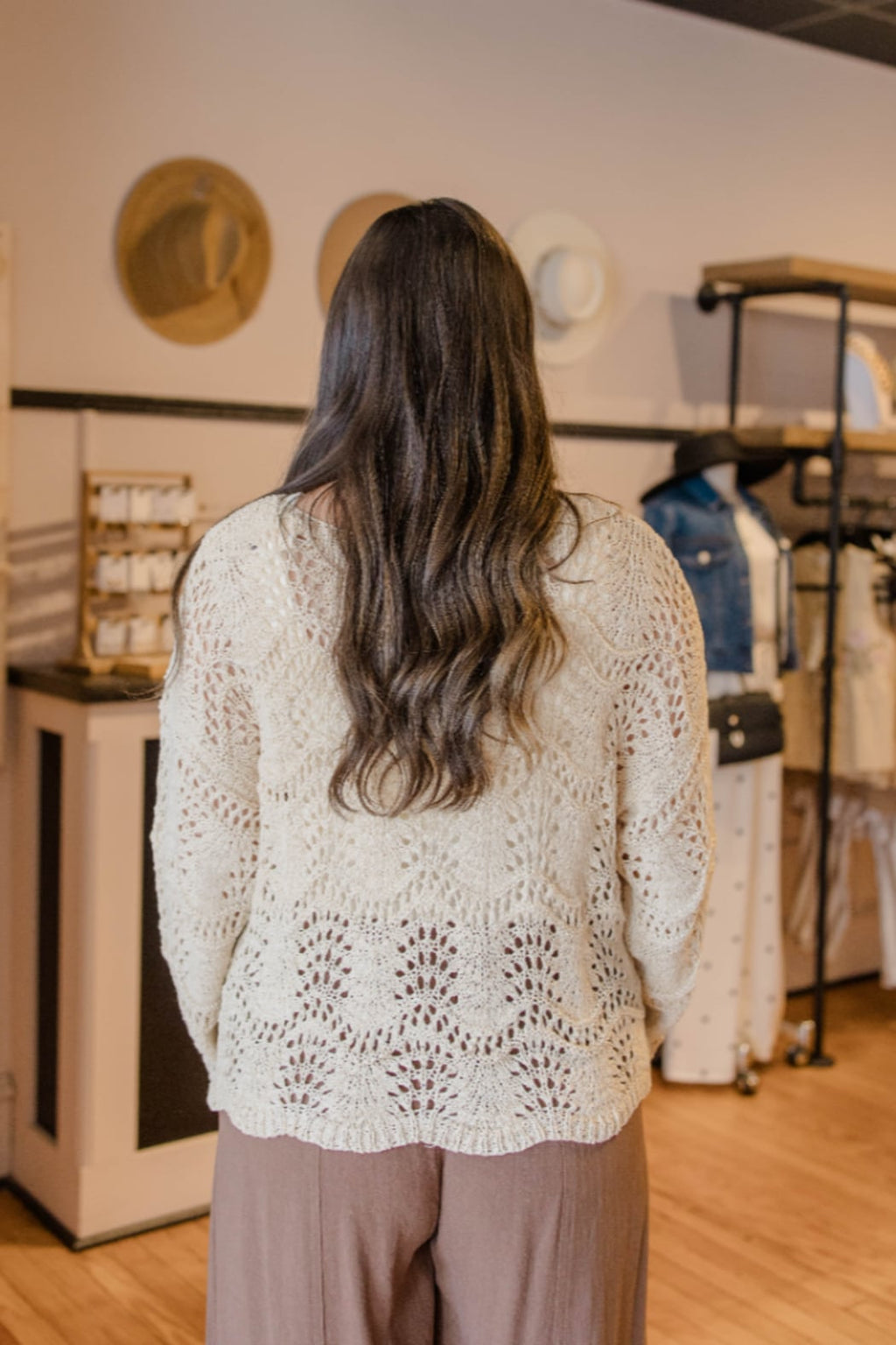 Boat Neck Scalloped Hem Open Knit Sweater