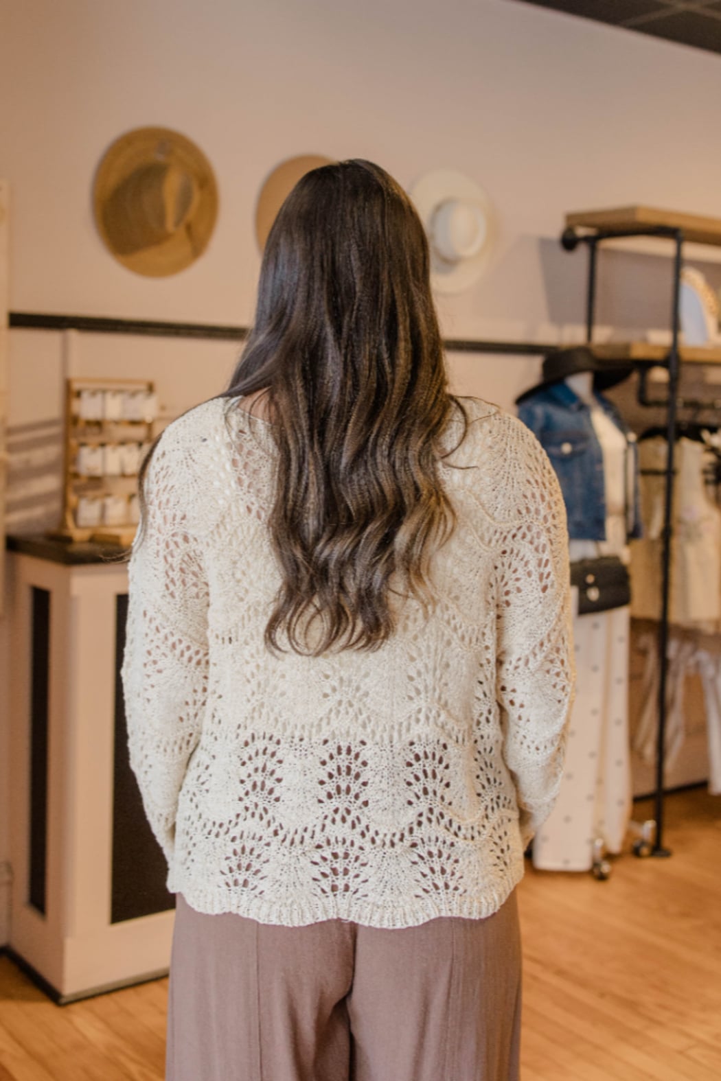 Boat Neck Scalloped Hem Open Knit Sweater