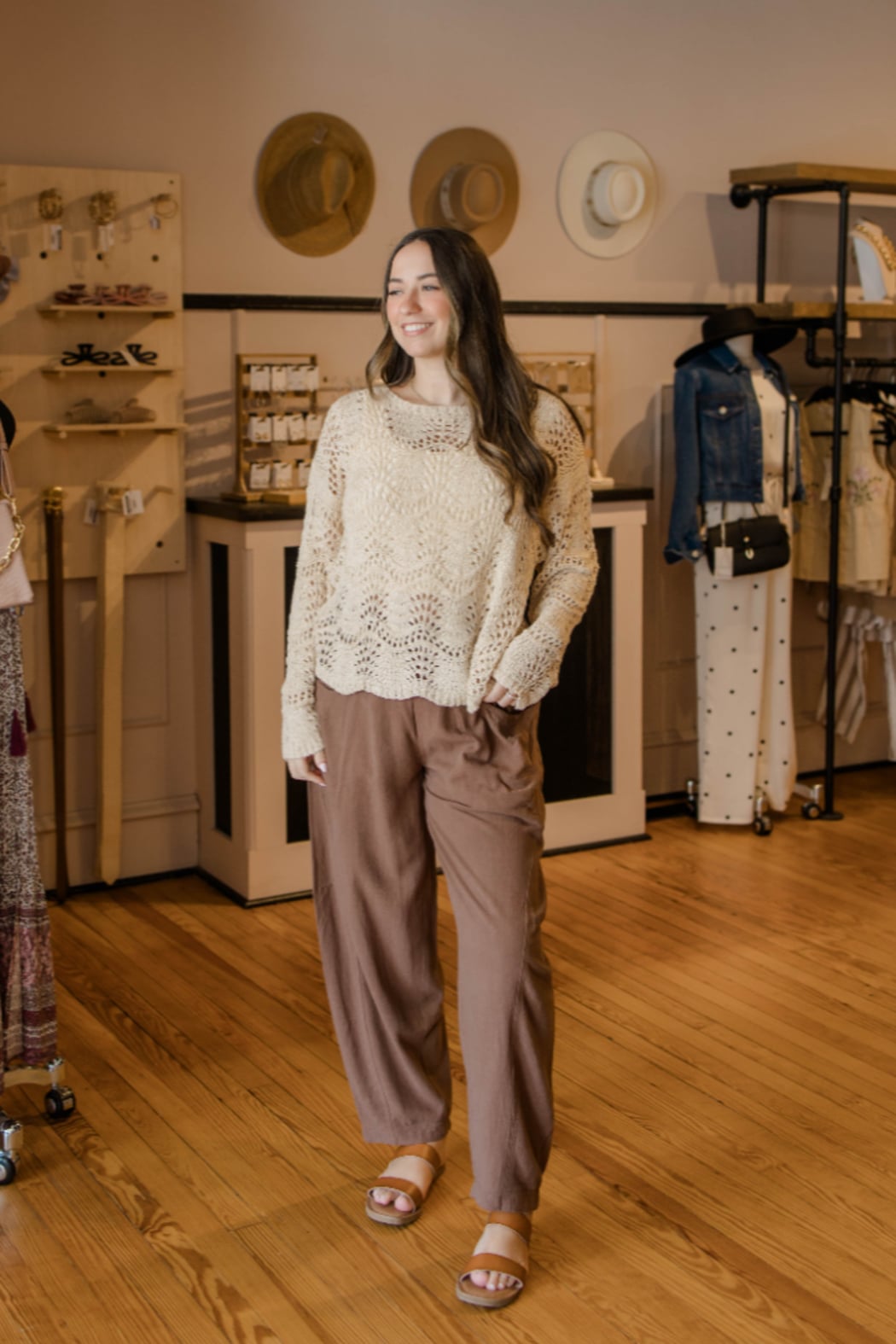 Boat Neck Scalloped Hem Open Knit Sweater