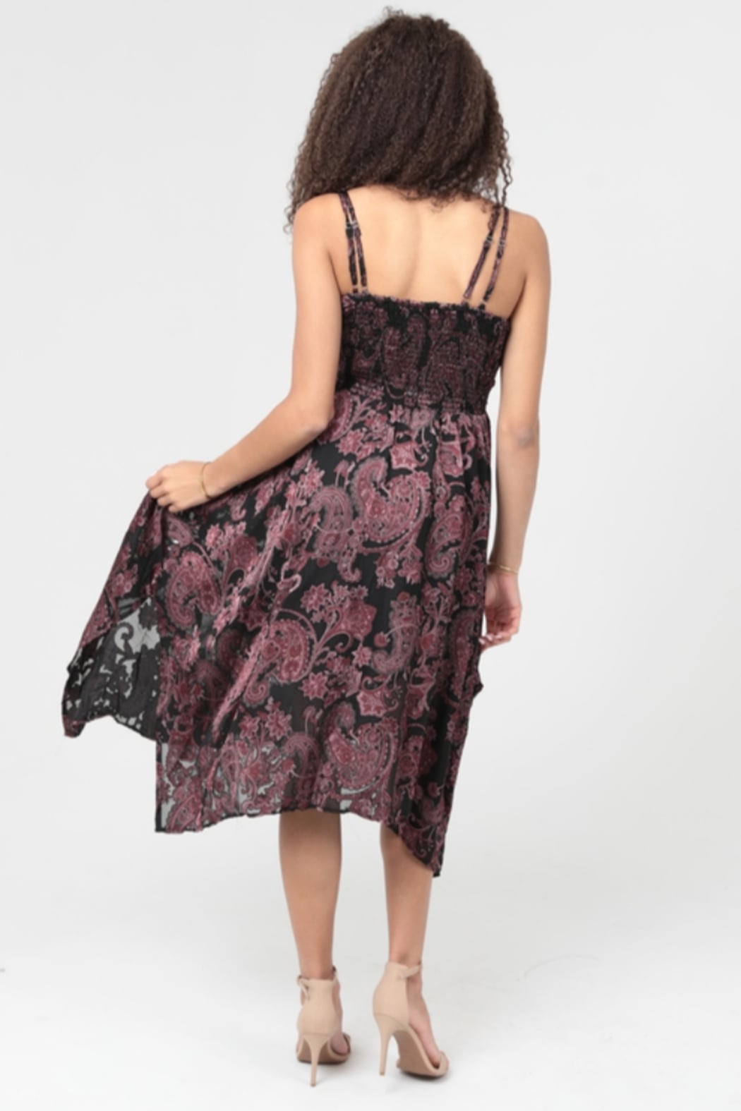 Burnout Paisley Print Hanky Hem Lace Trim Midi Dress
