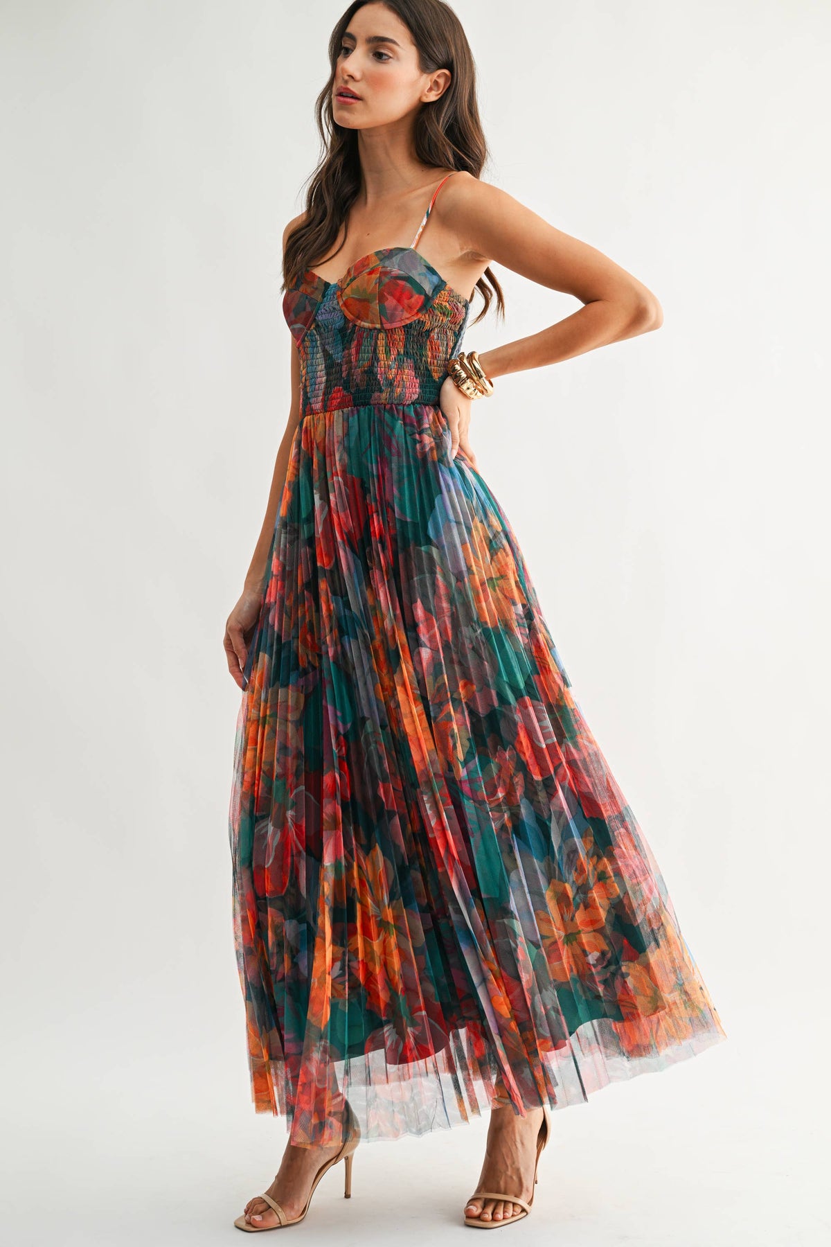 MIDNIGHT BLOOM PLEATED MAXI DRESS *FS