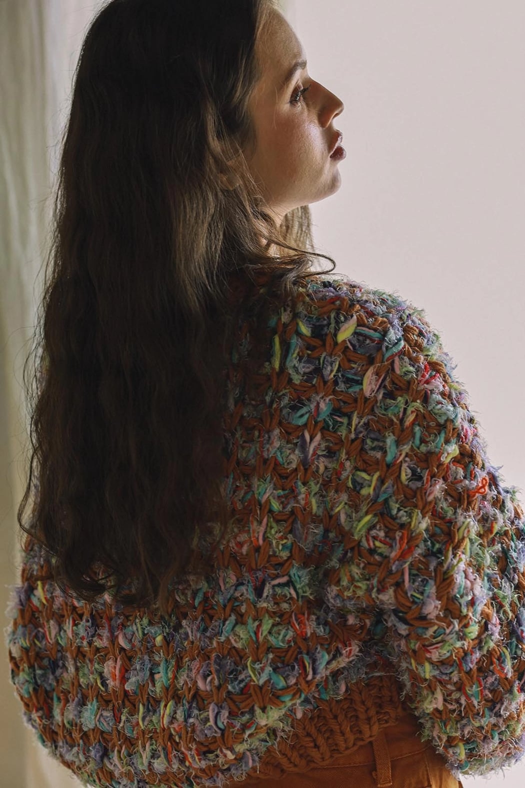 Camel Multicolor Hand Knit Crop Sweater Cardigan