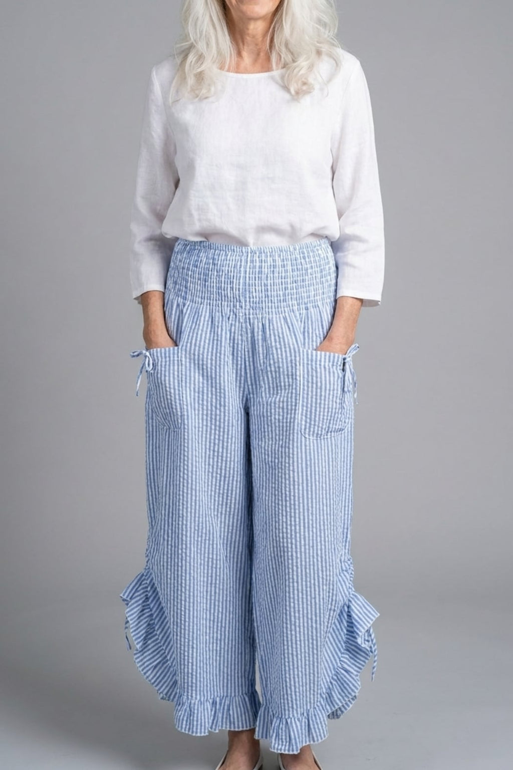 Blue Stripe Ruffled Hem Pantaloon Pant