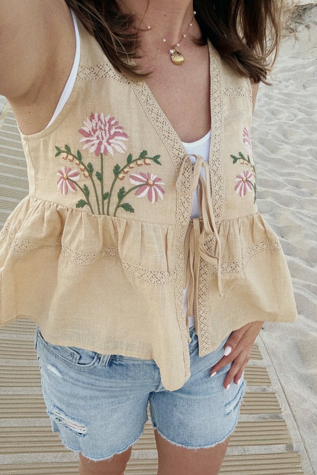 Embroidered Floral Tie-Front Tank