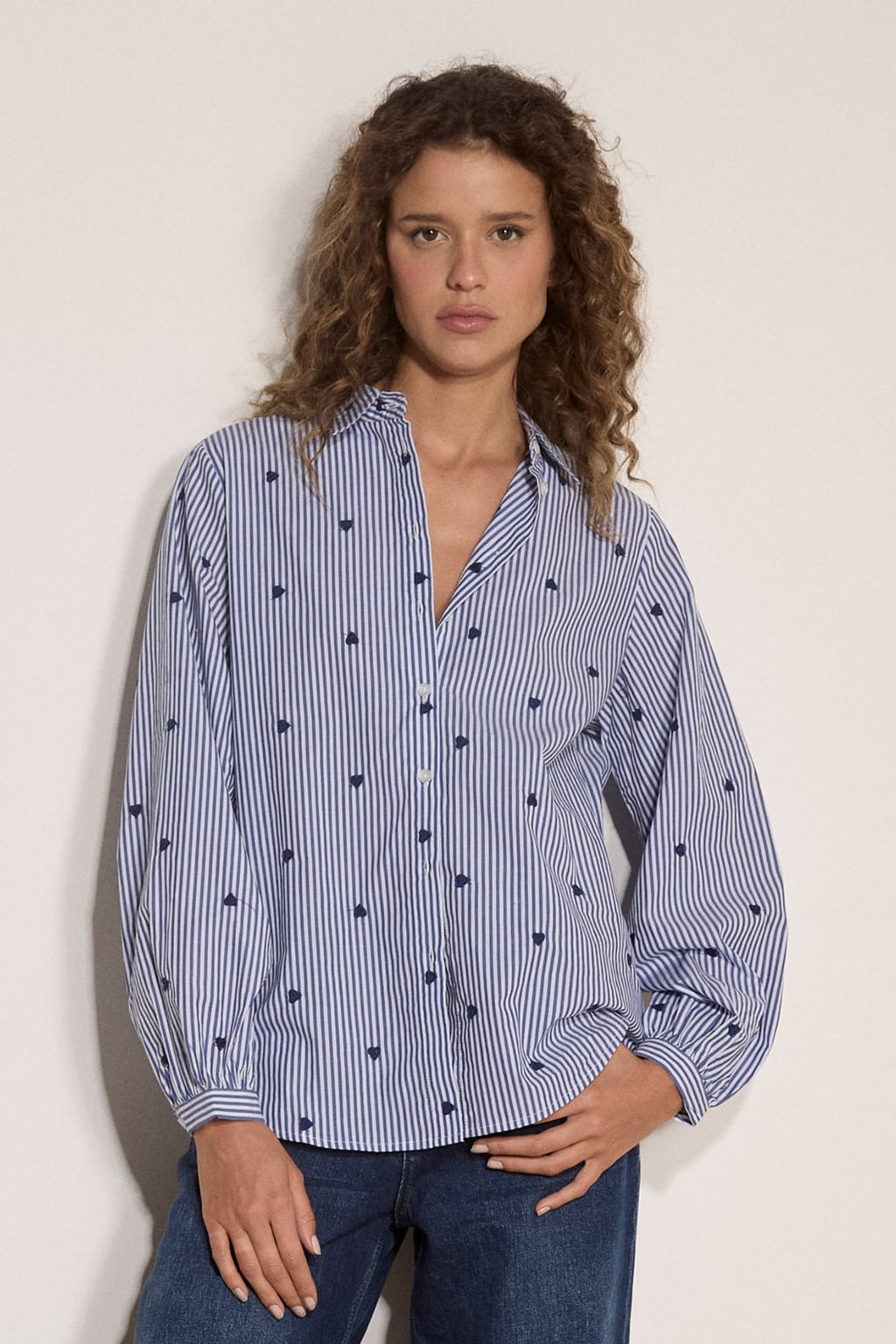 Embroidered Hearts Button Down Blouse
