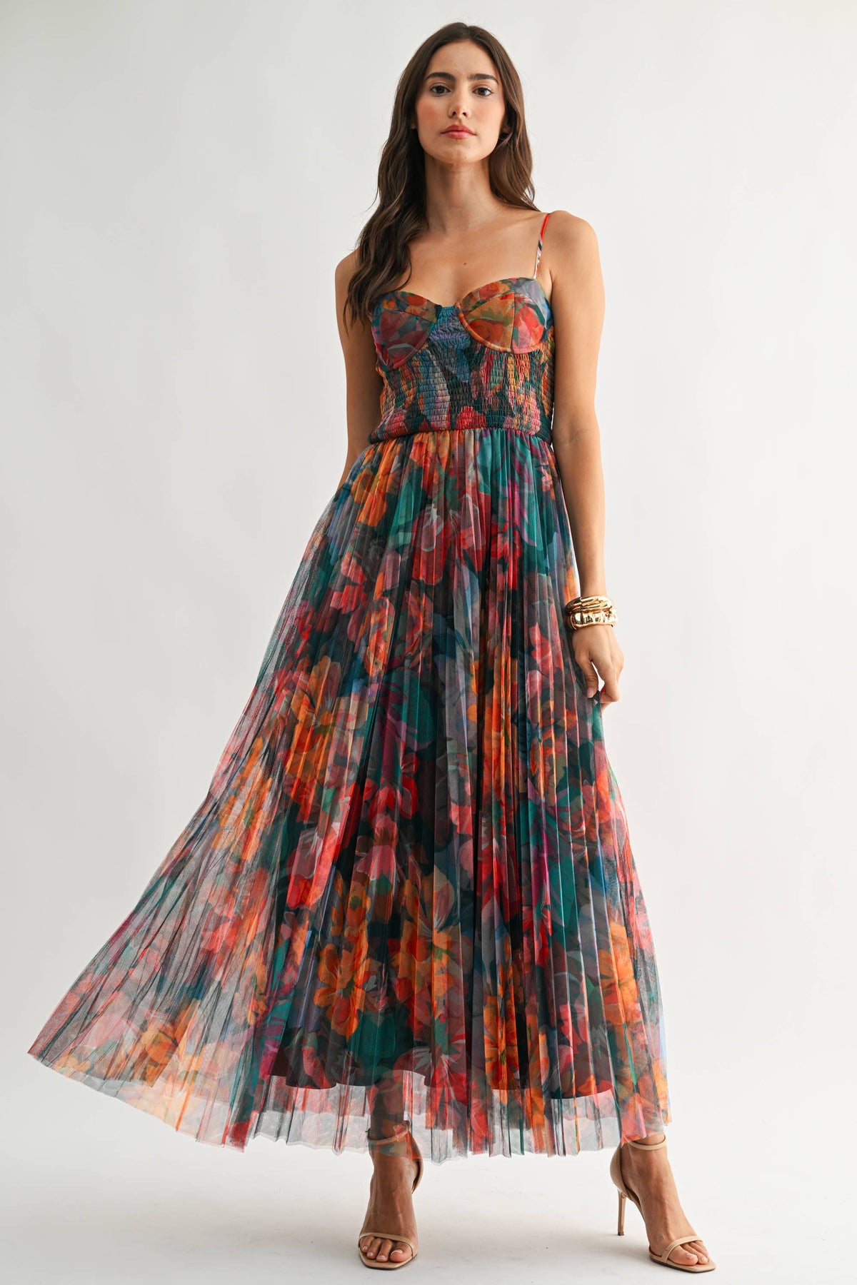 MIDNIGHT BLOOM PLEATED MAXI DRESS *FS