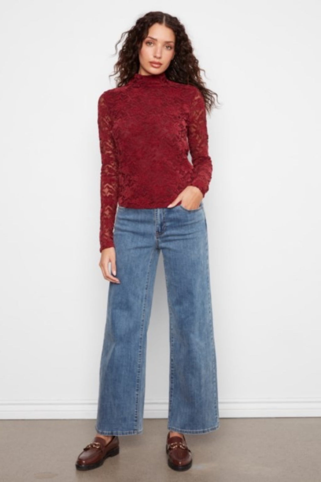 Flocked Lace Mock Neck Top