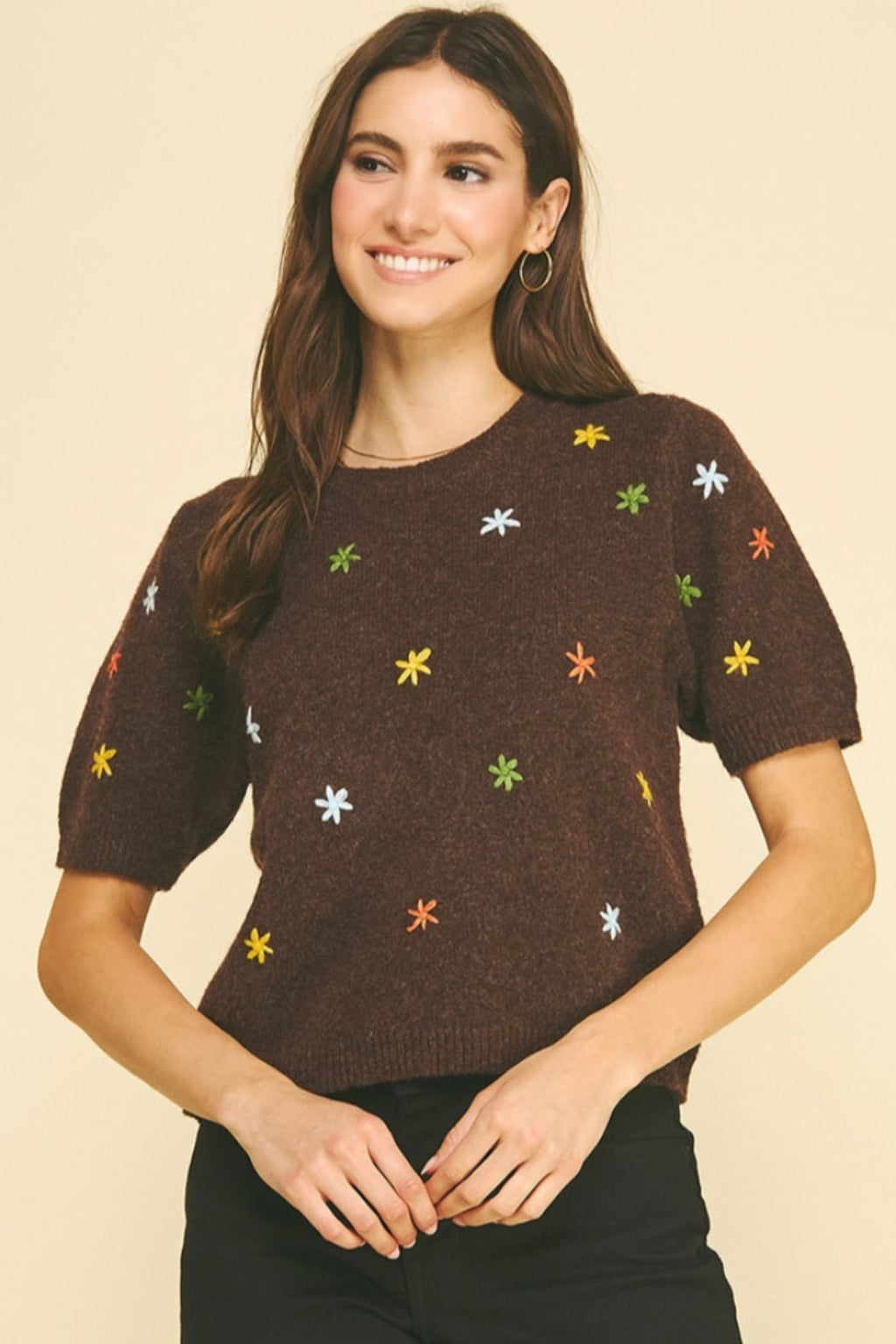 Floral Embroidered Short Sleeve Sweater