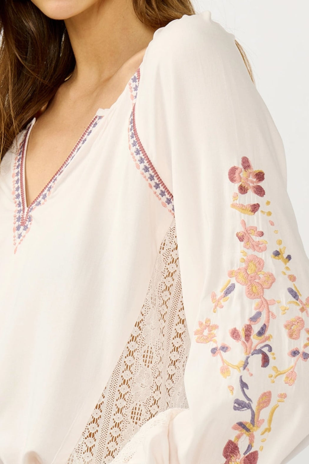 Floral Lace Inset Peasant Blouse
