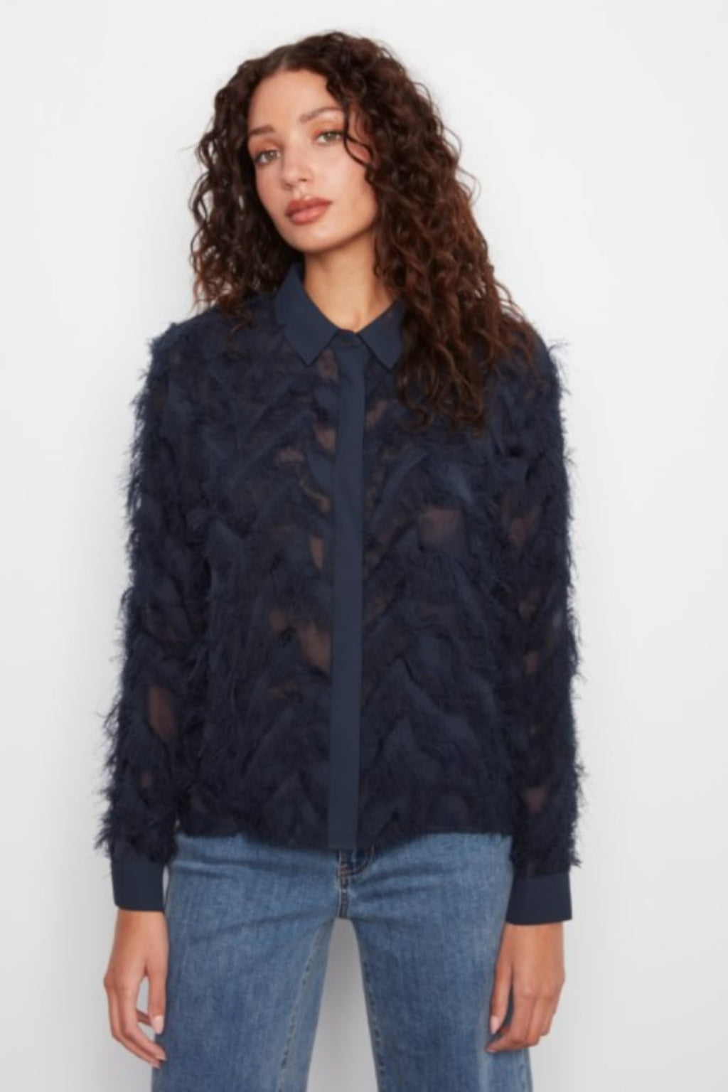 Fringe Fabric Chiffon Blouse with Button Front