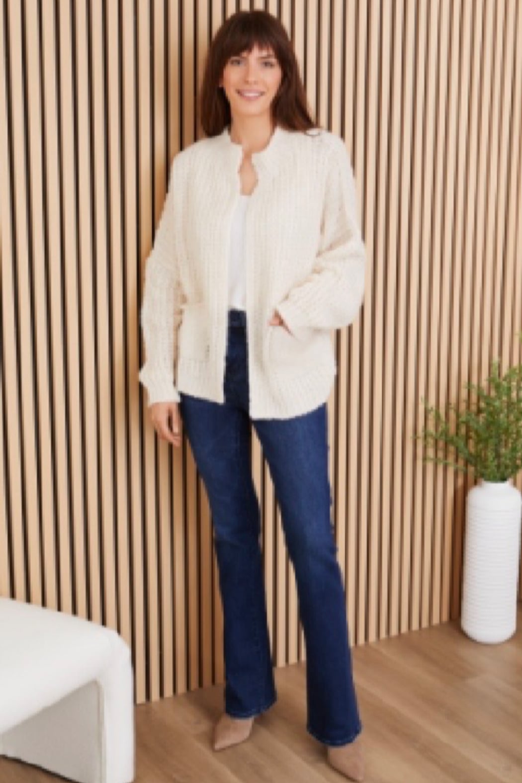 Fuzzy Waffle Knit Open Front Cardigan With Front Pockets