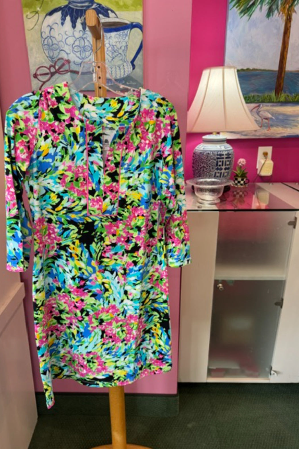 Kenny Dana Slit Placket Dress 3/4 Sleeve - Monet's Meadow Black