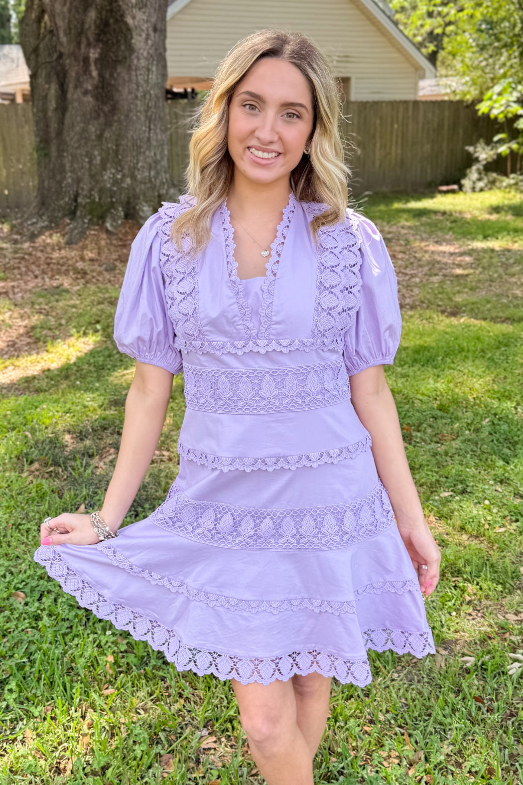 Lace Trim Puff Sleeve Dress