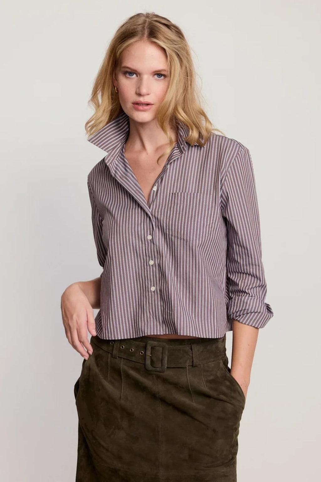 Long Sleeve Boxy Crop — Brown with White Stripes