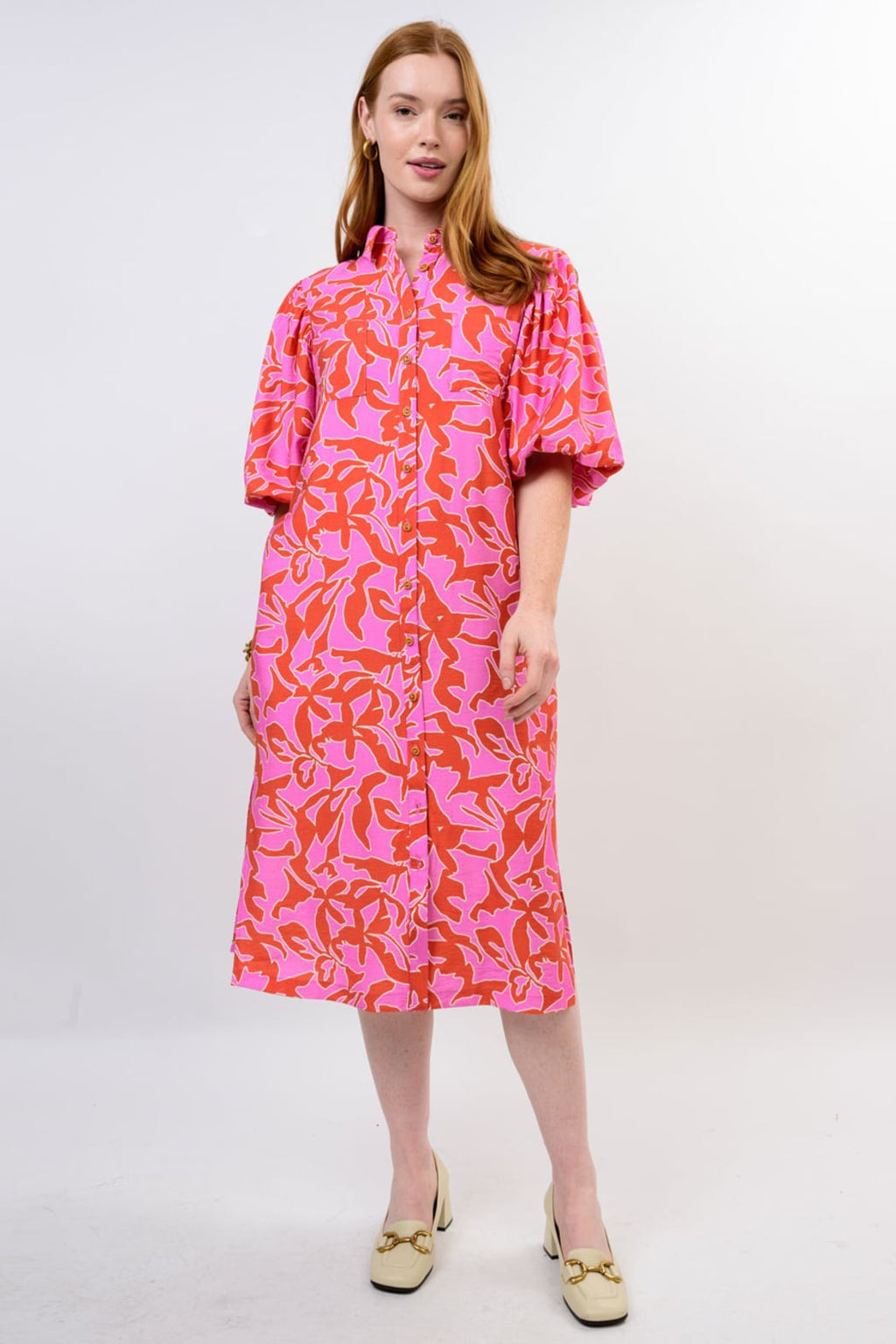 Midi Pouf Sleeve Shirt Dress