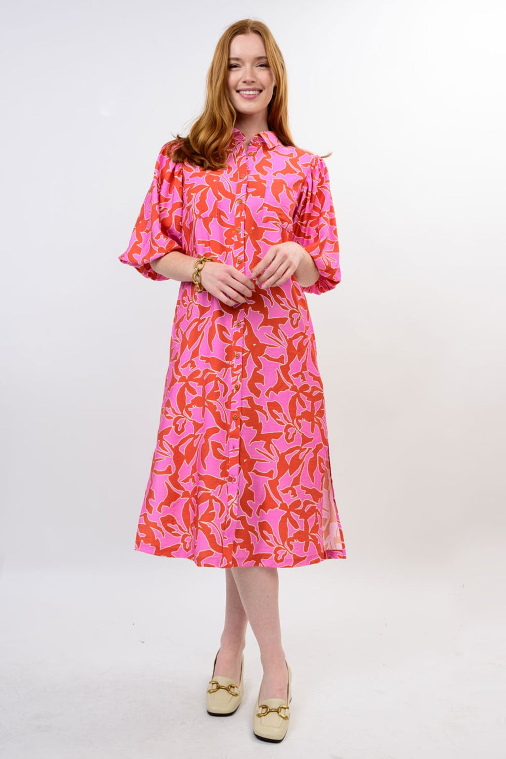 Midi Pouf Sleeve Shirt Dress