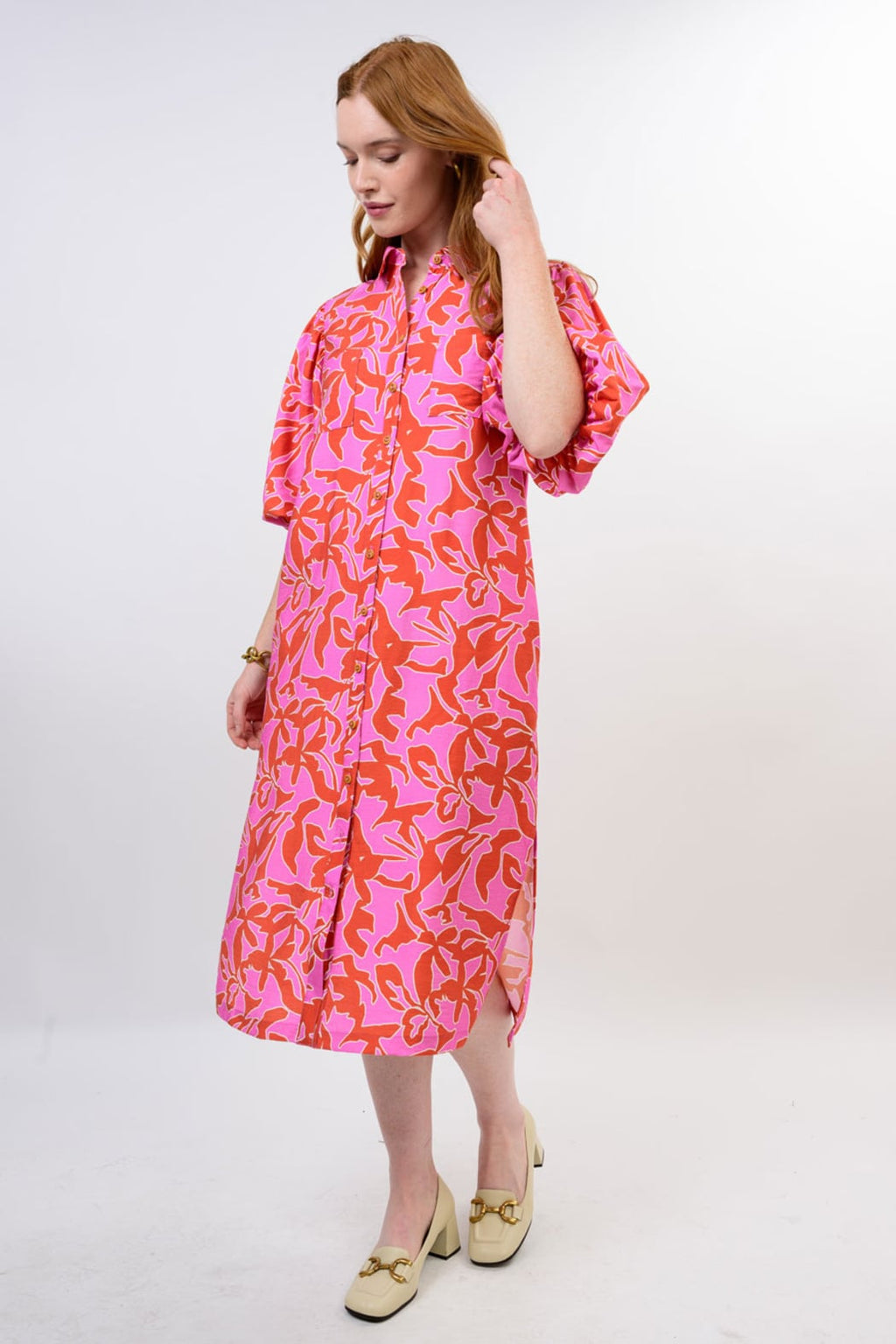 Midi Pouf Sleeve Shirt Dress