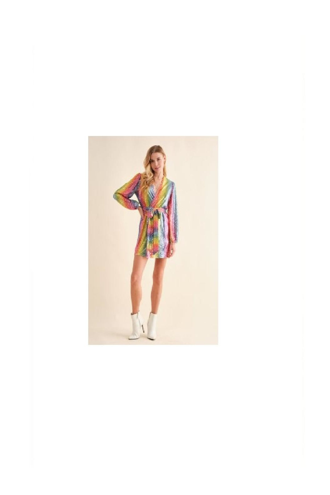 Rainbow Sequined Wrap Dress Short Mini Dress V-Neck Long Sleeves Belted