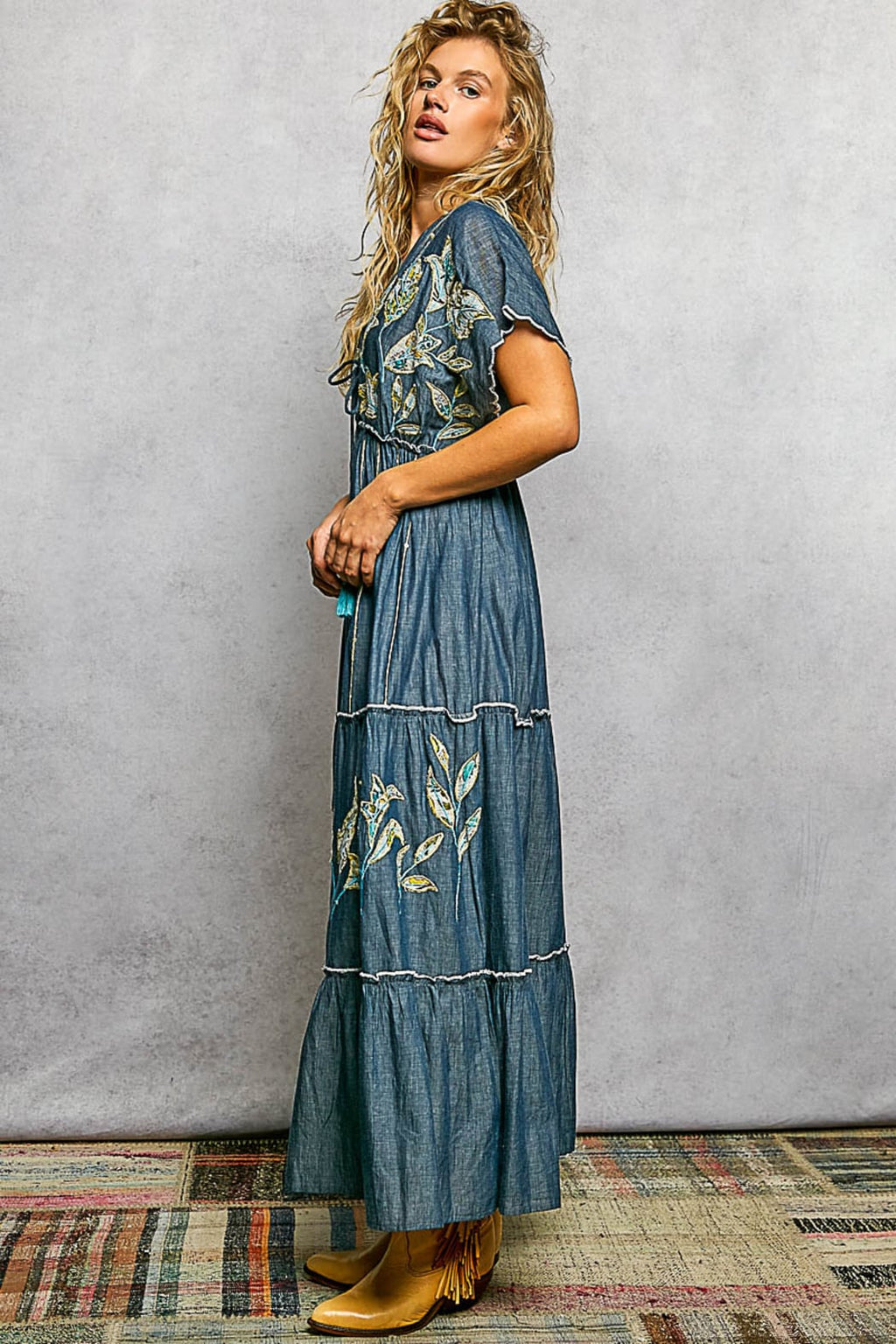 Pol Clothing Deep Denim Embellished Maxi