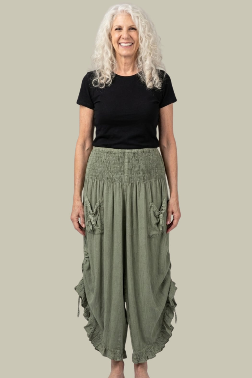 Rayon Ruffled Pantaloon Cropped Pant in Olive