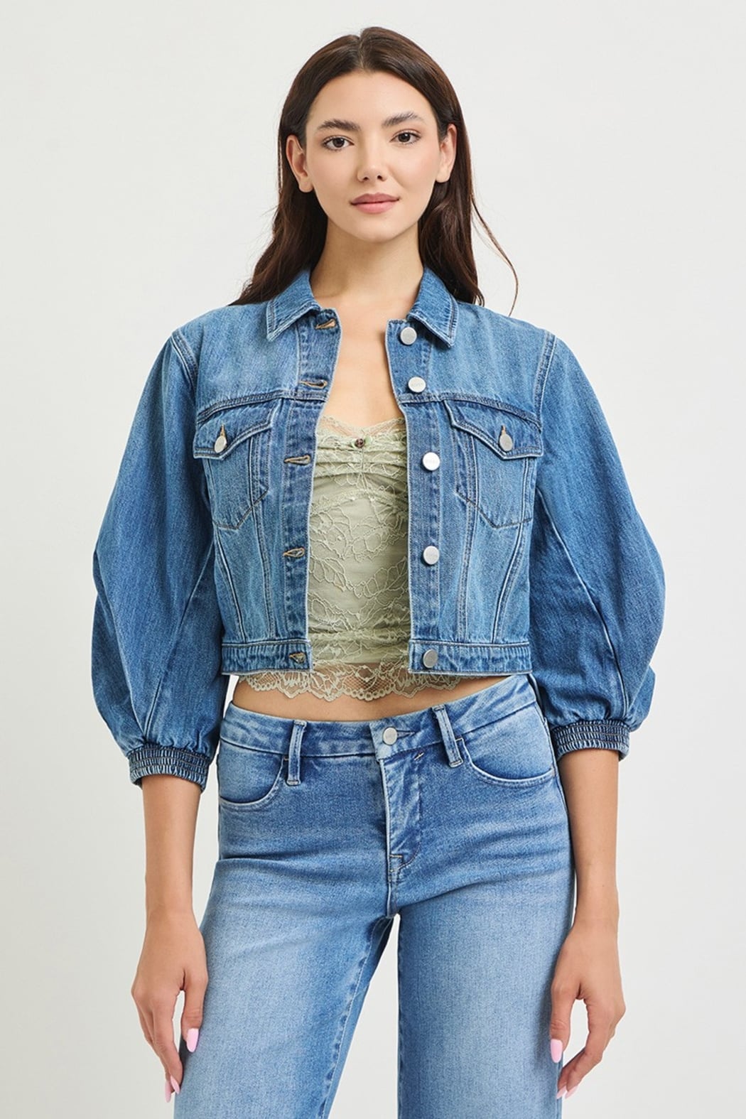 Risen Cropped Denim Jacket with Three-Quarter Balloon Sleeves