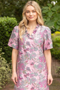 Ruffled V Neck Floral Jacquard Dress