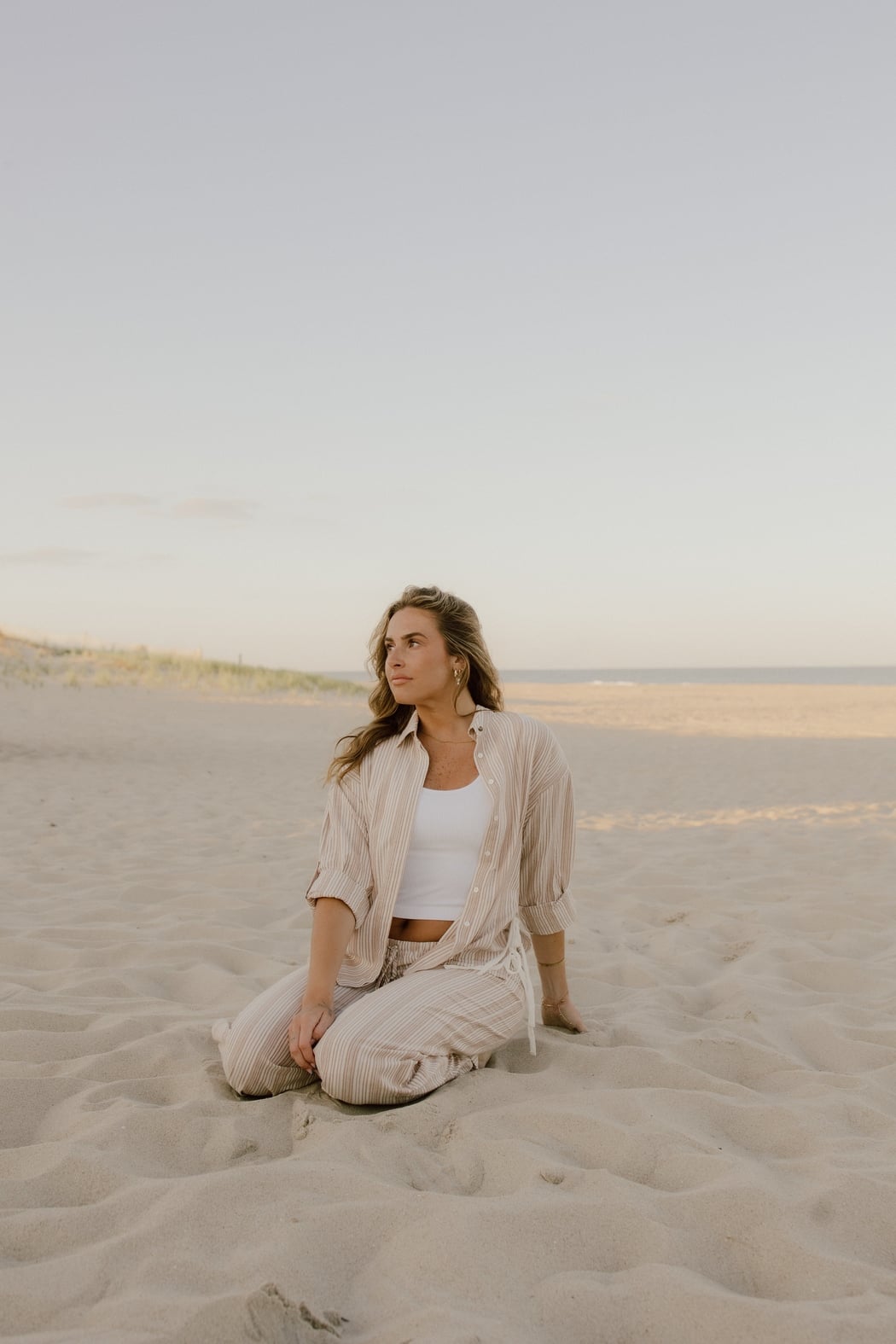 Sand Striped Drawstring Wide Leg Pants