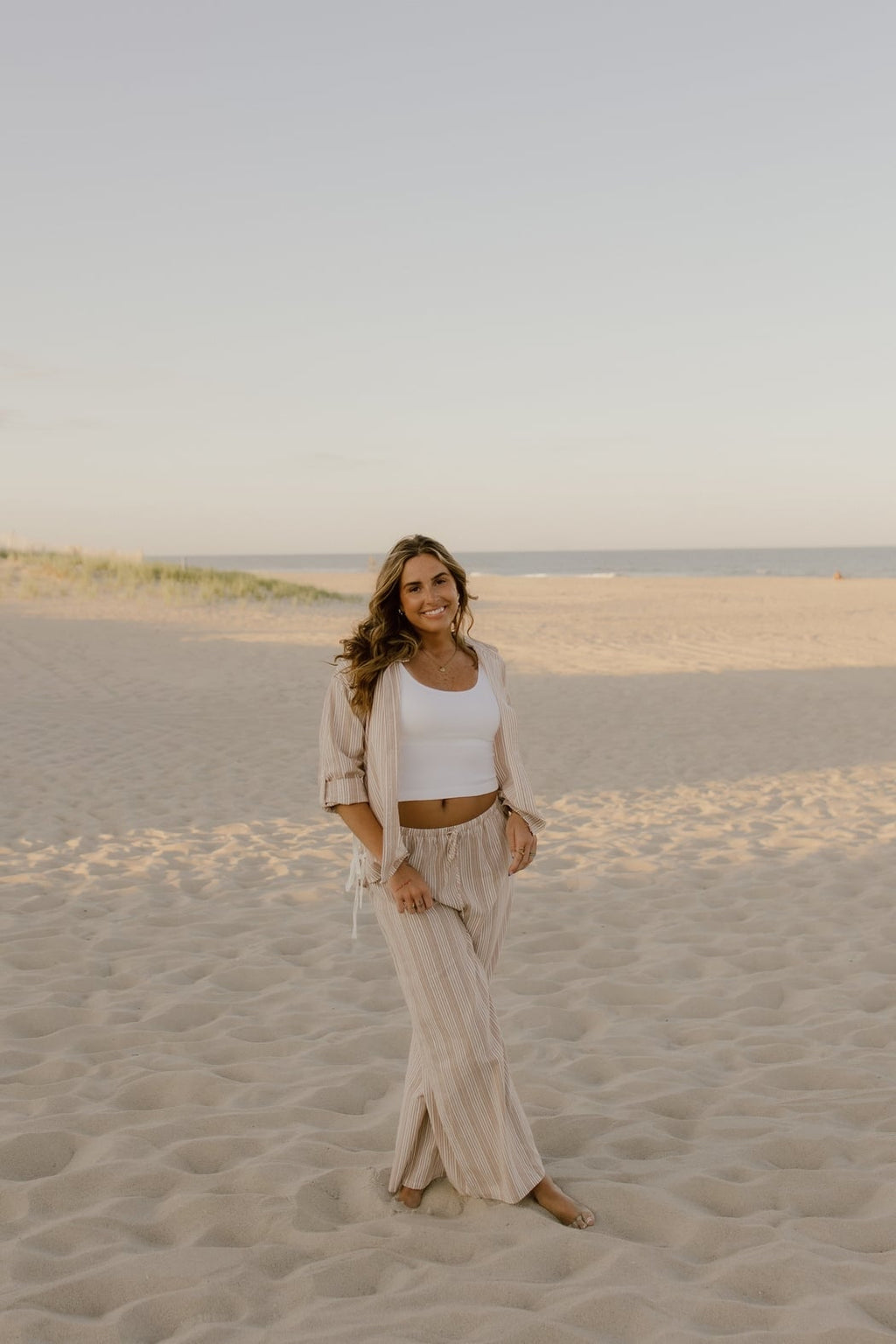 Sand Striped Drawstring Wide Leg Pants