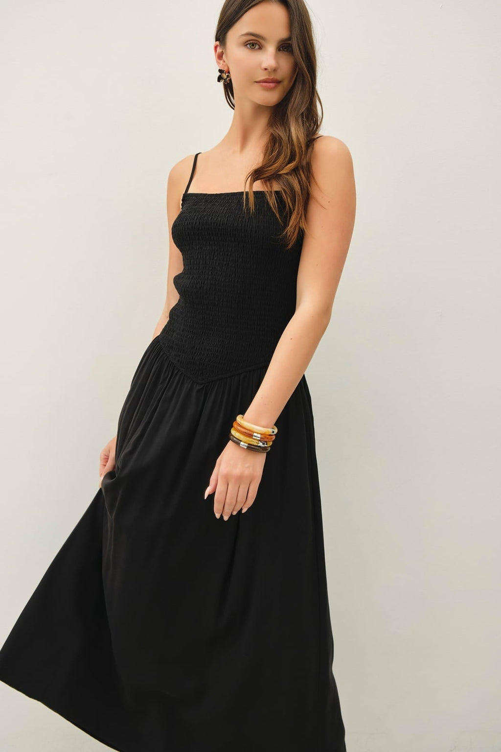Smocked Bodice Dropped Waist Maxi Dress