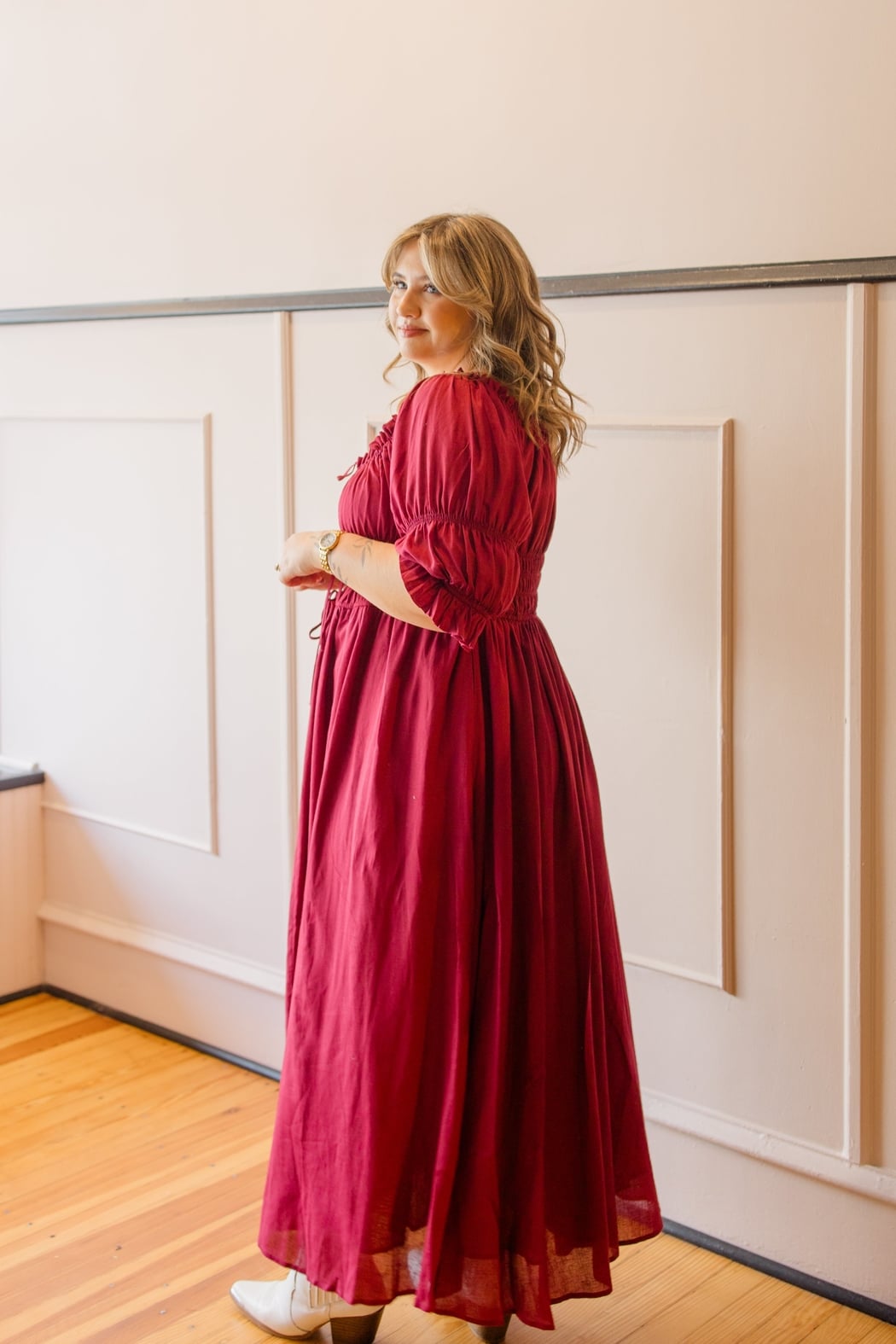 Smocked Midi Dress with Pleated Skirt