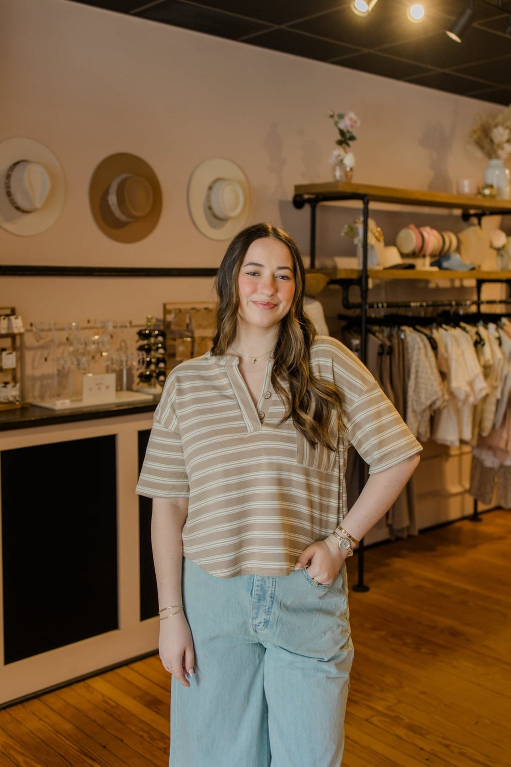 STRIPE Short Sleeve Boxy Henley Knit Top