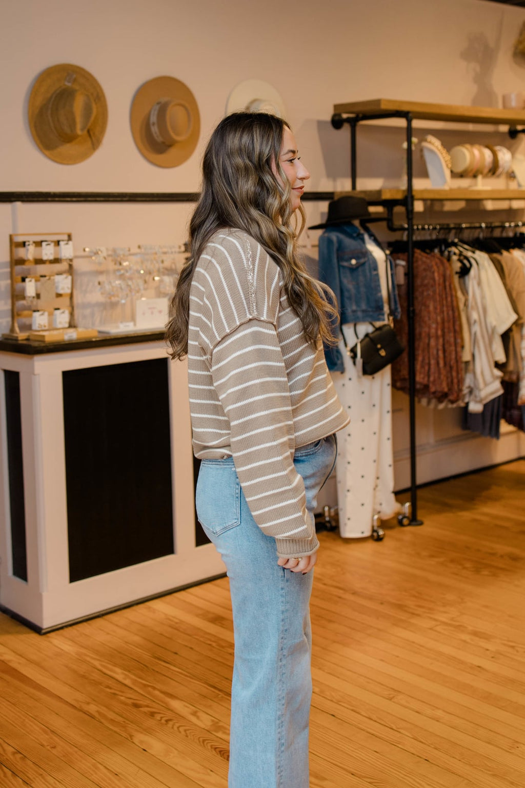 Striped Drop Shoulder Crew Neck Sweater