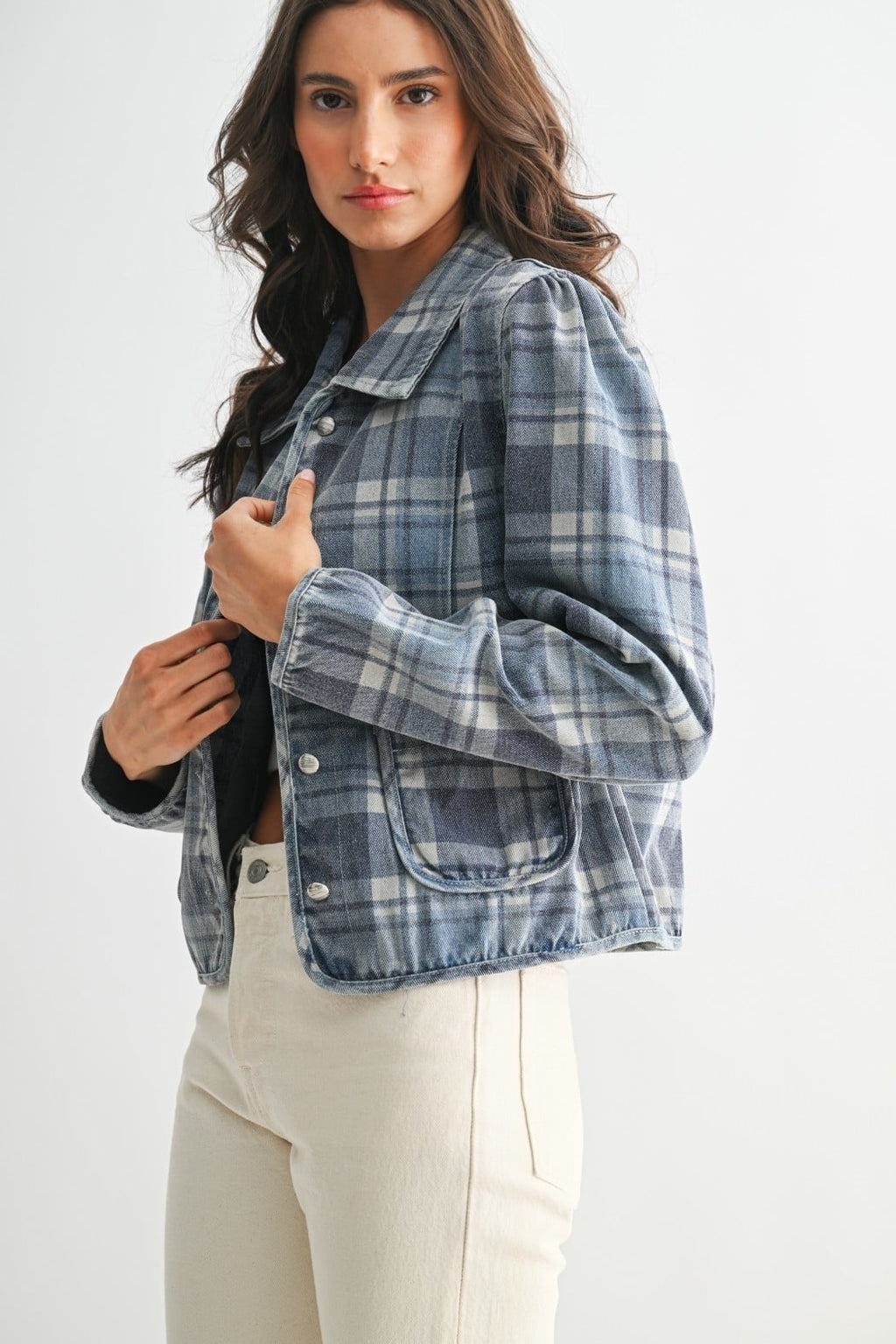 Washed Plaid Denim Jacket