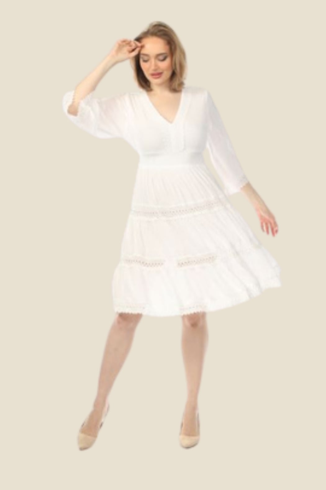 White V-Neck Dress with Crochet Trim and 3/4 Sleeve
