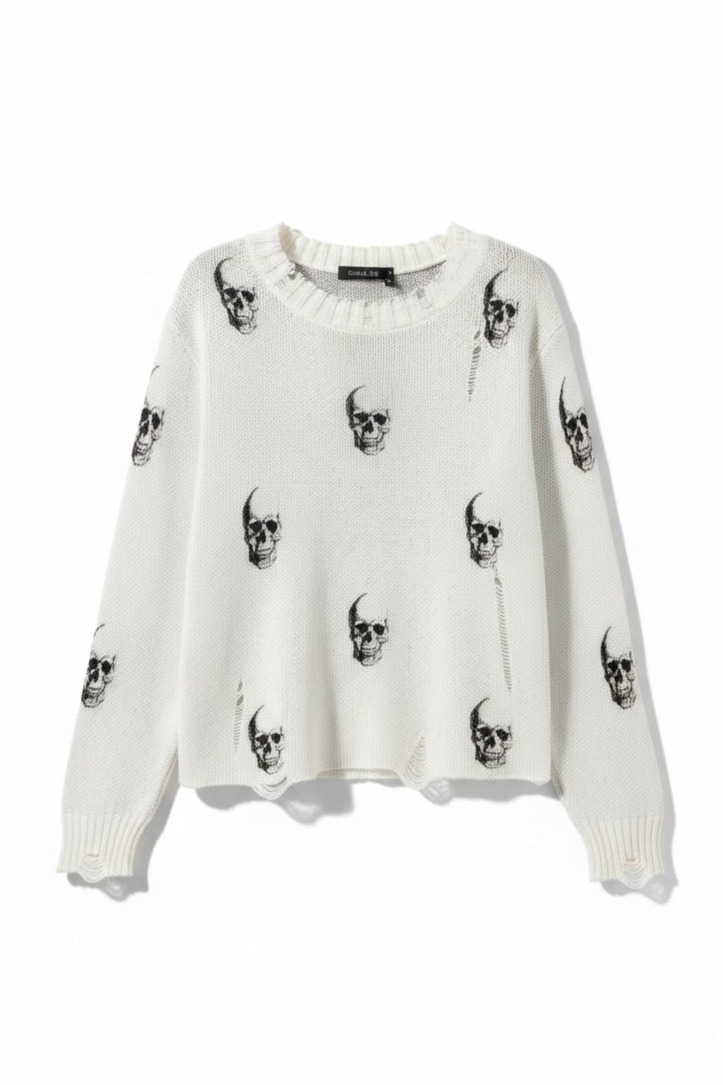 White Woven Sweater with Black Skulls