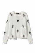 White Woven Sweater with Black Skulls