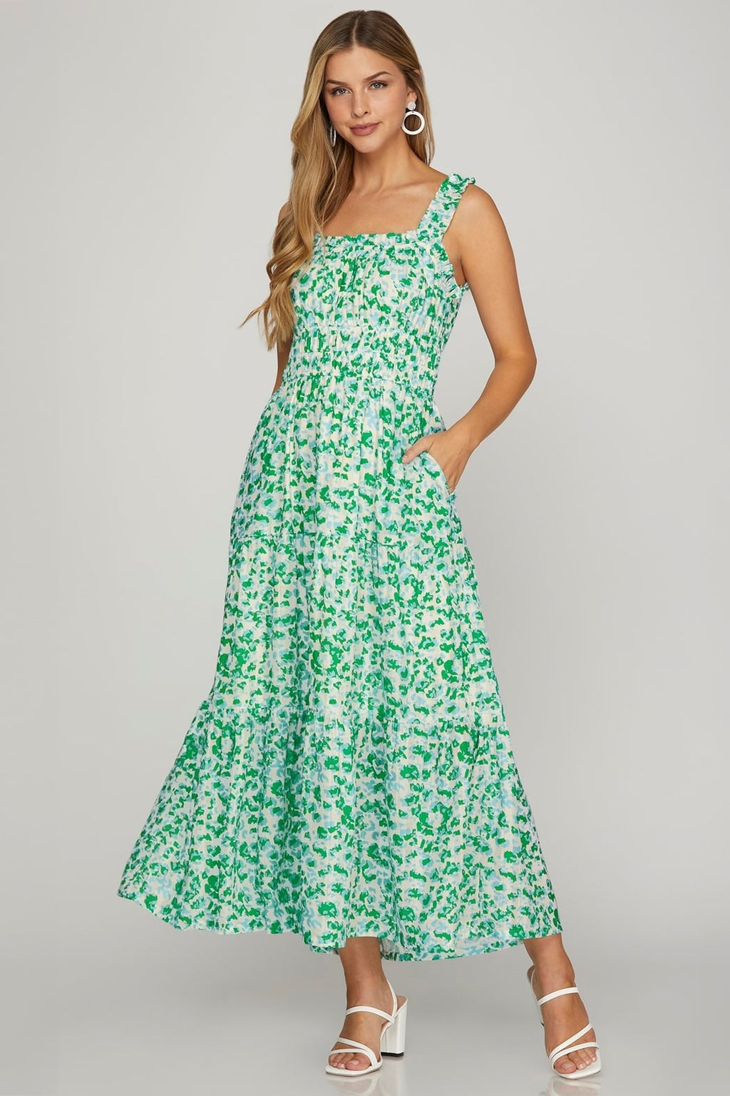 Woven Print Tiered Midi Dress